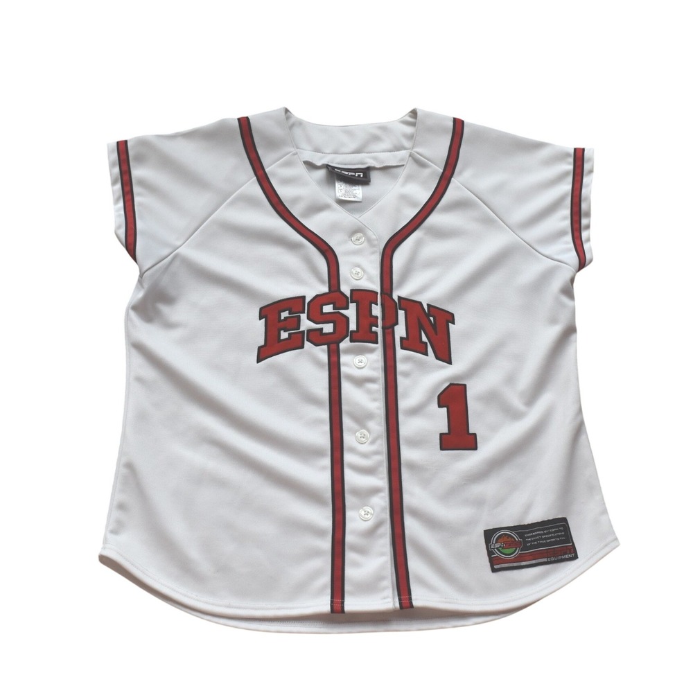 ESPN Women's White Red Sports Jersey Number One Button Up Short Sleeve